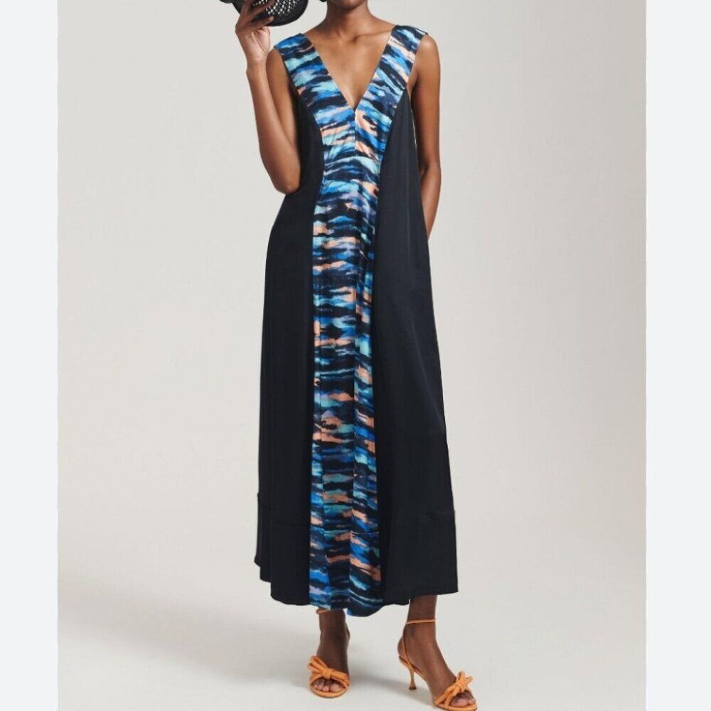 Anthropologie Black Maxi Dress with Blue and Coral Panel